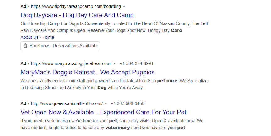Pet Clinics Ads showing on Google